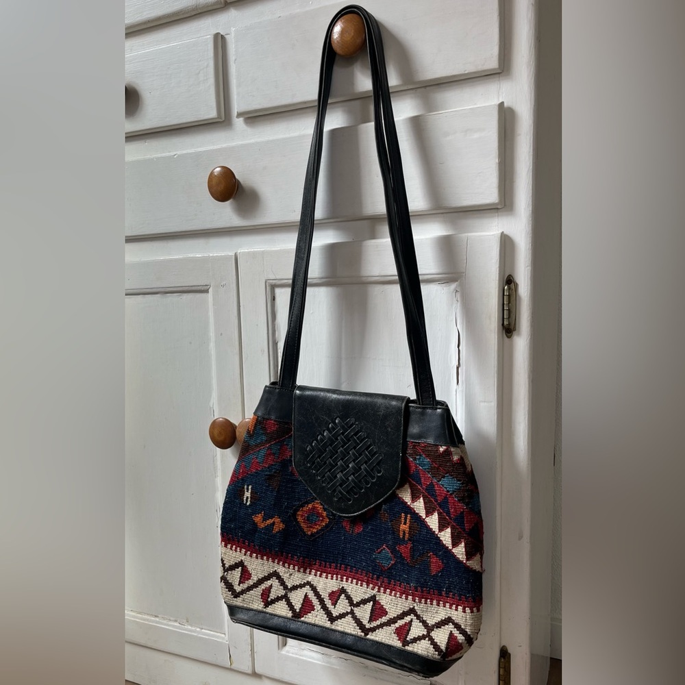 Vintage Red and Blue Shoulder Bag with Geometric Design